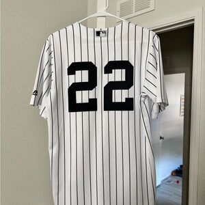 Majestic White Pinstripe Baseball Jersey with Navy Accents